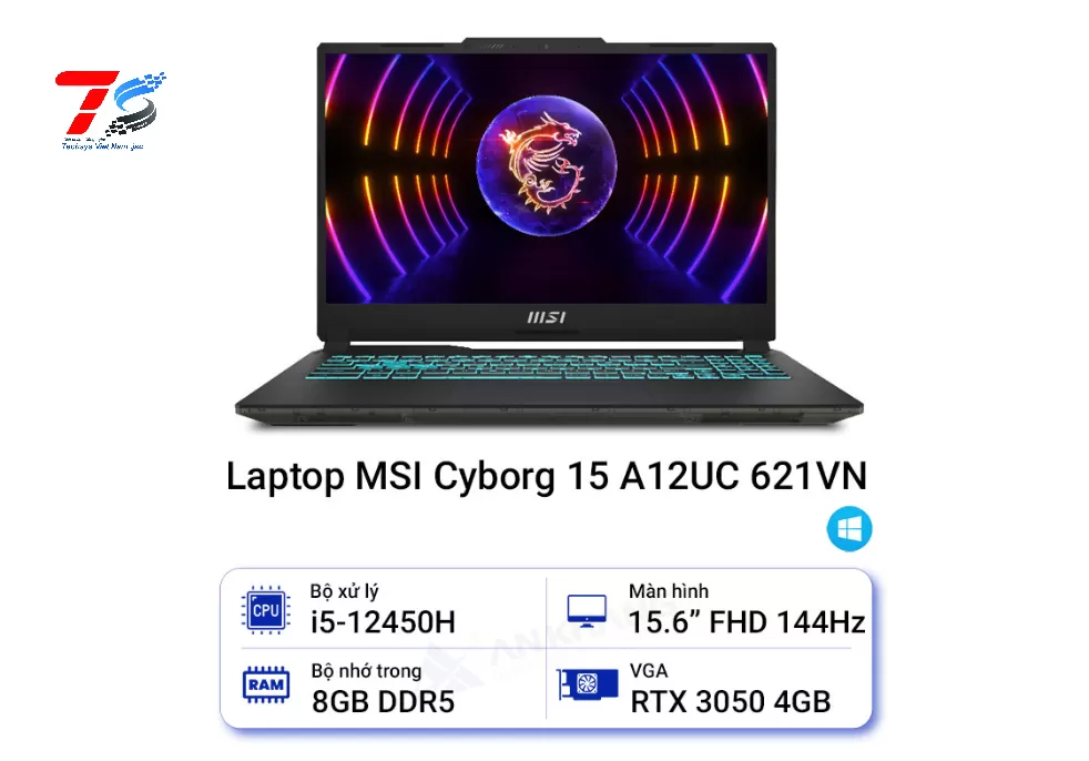 Laptop MSI Cyborg 15 A12UC 621VN (Core i5-12450H | 8GB | 512GB | RTX 3050 | 15.6 inch FHD | W11H| Đen)